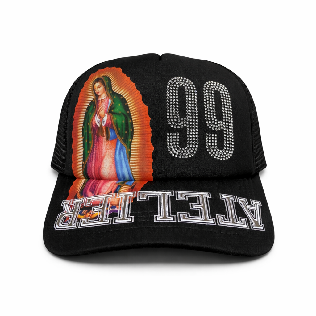 Black truker hat with virgen de guadalupe and rhinestones applied by hand in our workshop.