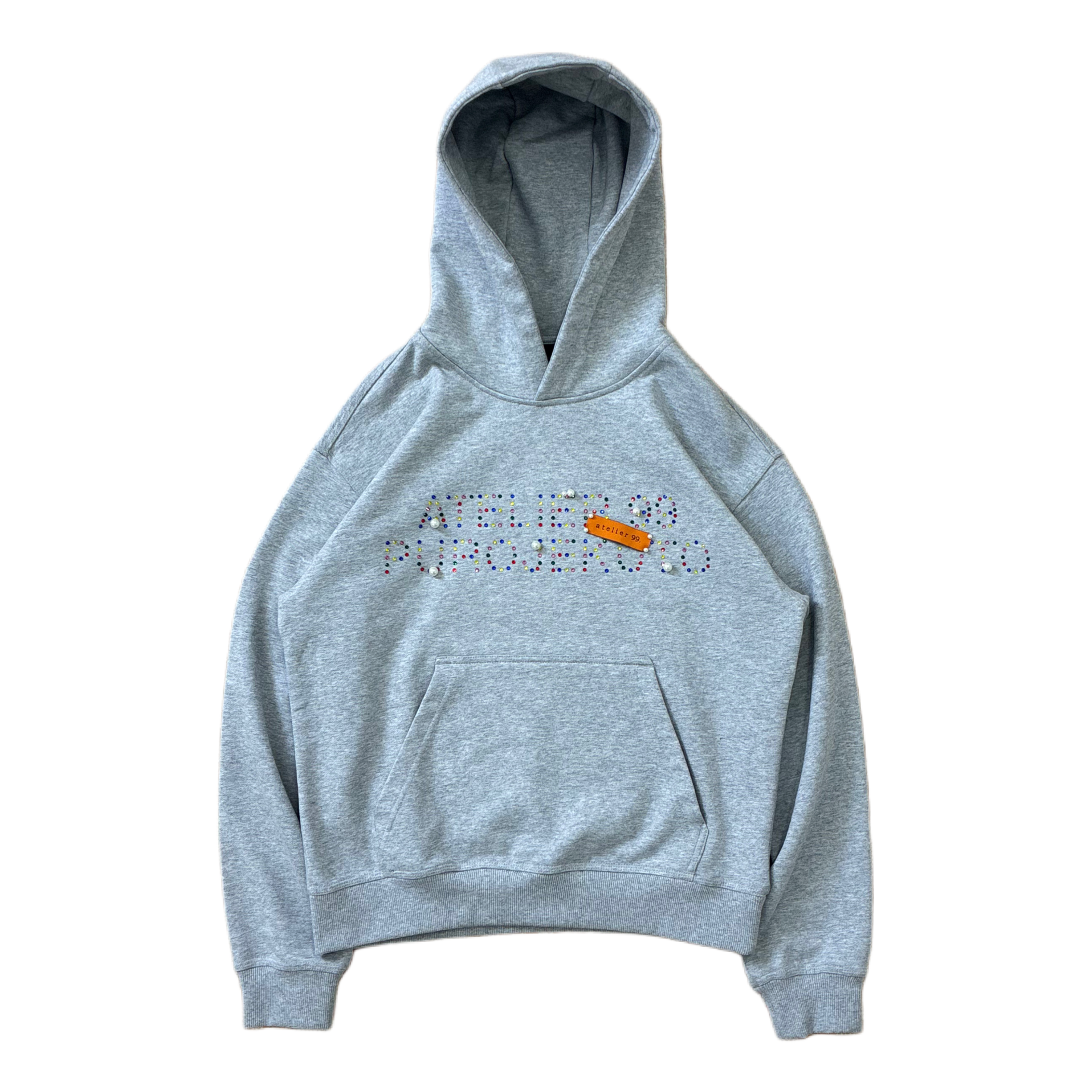 Gray 480 gsm hoodie with colorful rhinestone design, pearls and signature atelier 99 woven level in orange, all apply by hand in our workshop.