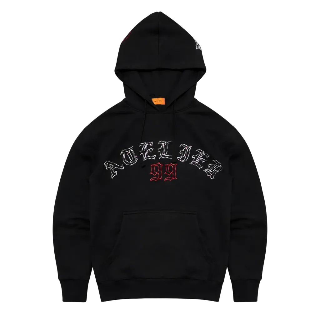 Black hoodie with signature rhinestone atelier 99 logo applied by hand in our worshops.