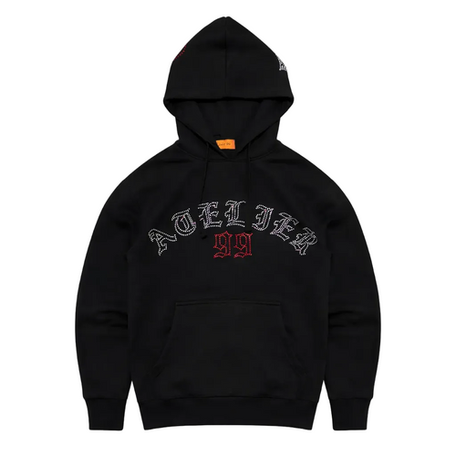 Black hoodie with signature rhinestone atelier 99 logo applied by hand in our worshops.