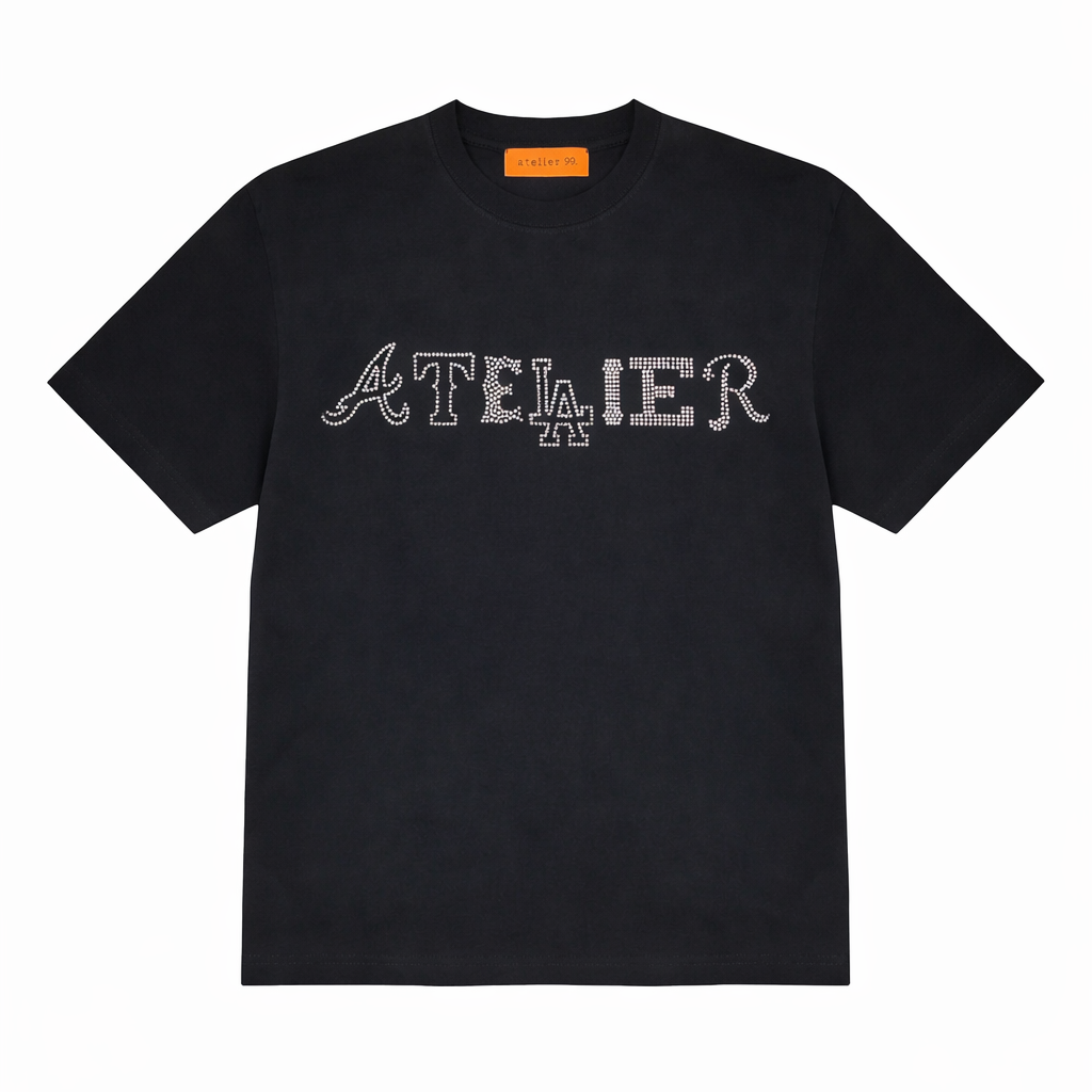 100% cotton tshirt with mixed atelier 99 print design on rhinestones.
