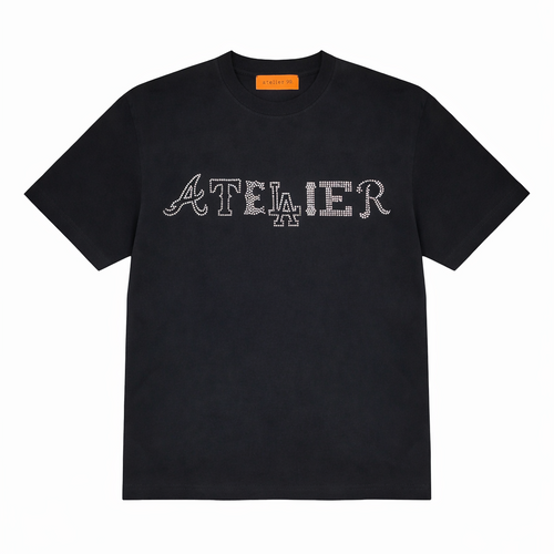 100% cotton tshirt with mixed atelier 99 print design on rhinestones.
