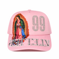 Pink truker hat with virgen de guadalupe and rhinestones applied by hand in our workshop.